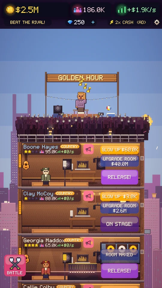 A rooftop festival with a crowd under the Golden Hour sign